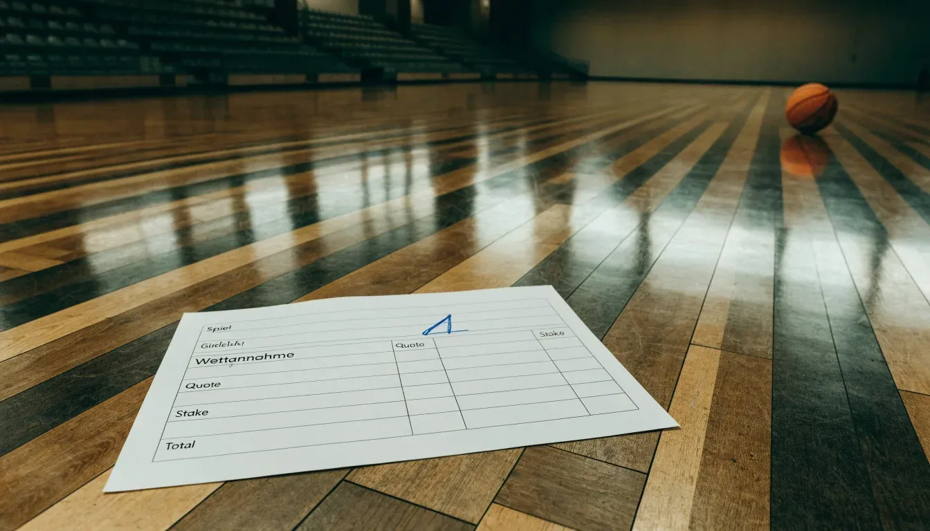 Ein Basketball liegt auf dem Parkett einer leeren Sporthalle im Licht der Deckenlampen.