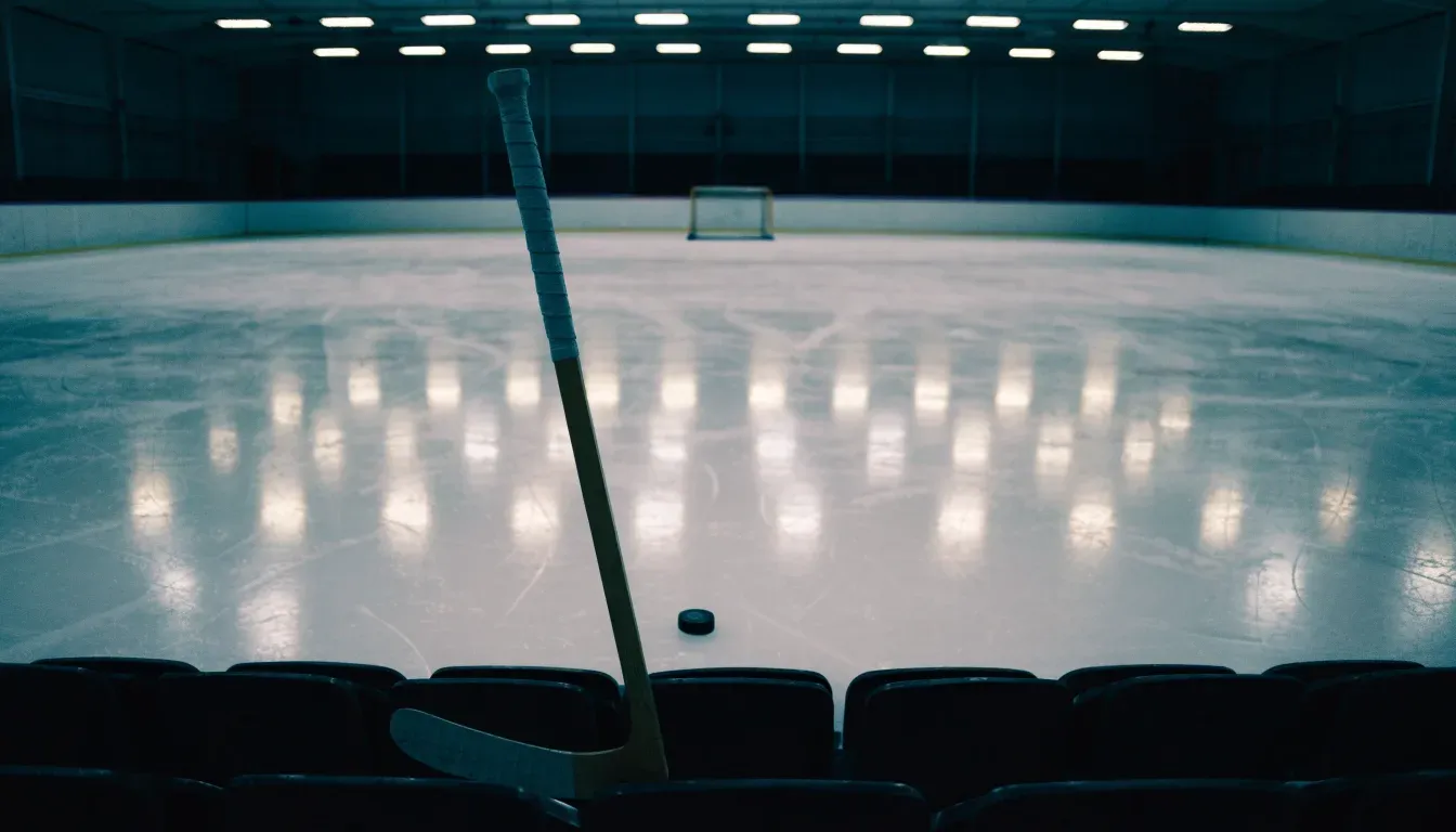 Ein Eishockeyschläger lehnt an der Bande einer leeren Halle, auf dem Eis spiegeln sich die Deckenlampen.