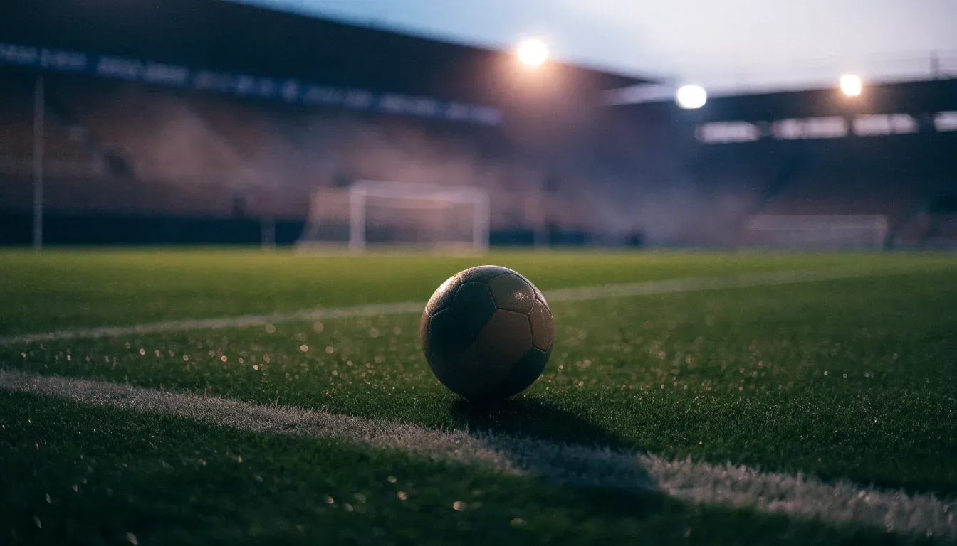 Ein einzelner Fussball liegt auf dem Elfmeterpunkt eines leeren Strafraums, der Rasen glänzt nass.