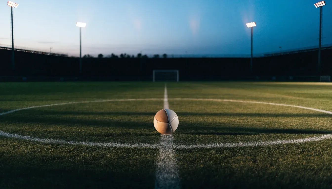Ein Fussball liegt auf dem Mittelpunkt eines leeren Rasenplatzes, im Hintergrund ragen Flutlichtmasten in die Abenddämmerung