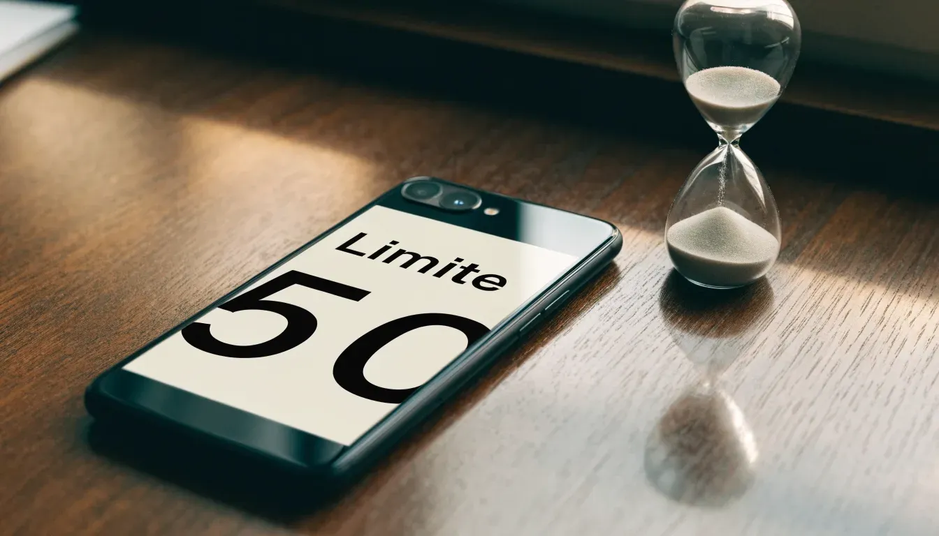 Eine Sanduhr steht neben einem Smartphone mit dunklem Display auf einem Holztisch, ruhiges Tageslicht fällt von der Seite ein