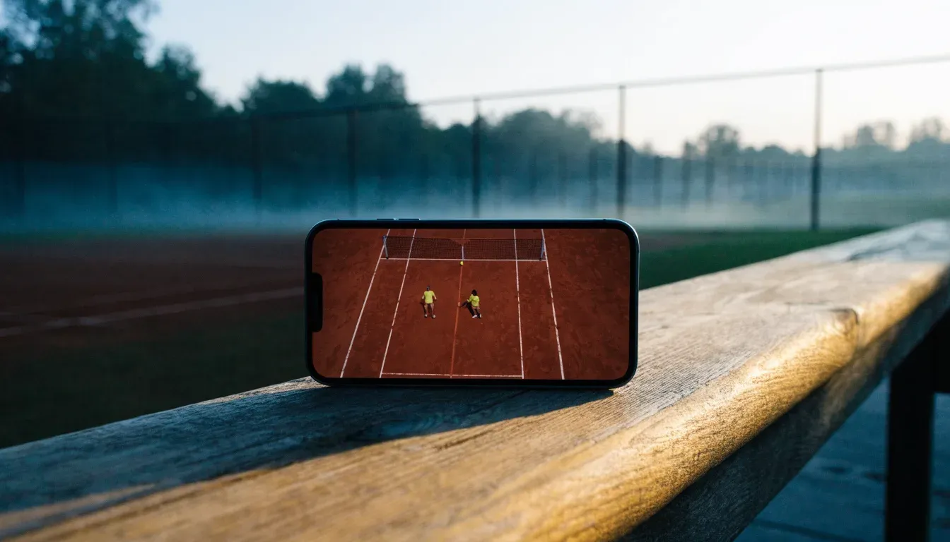 Ein Tennisplatz mit Sandbelag in der Morgendämmerung, Netz und Linien liegen im ersten Licht, Nebel hängt über dem Boden