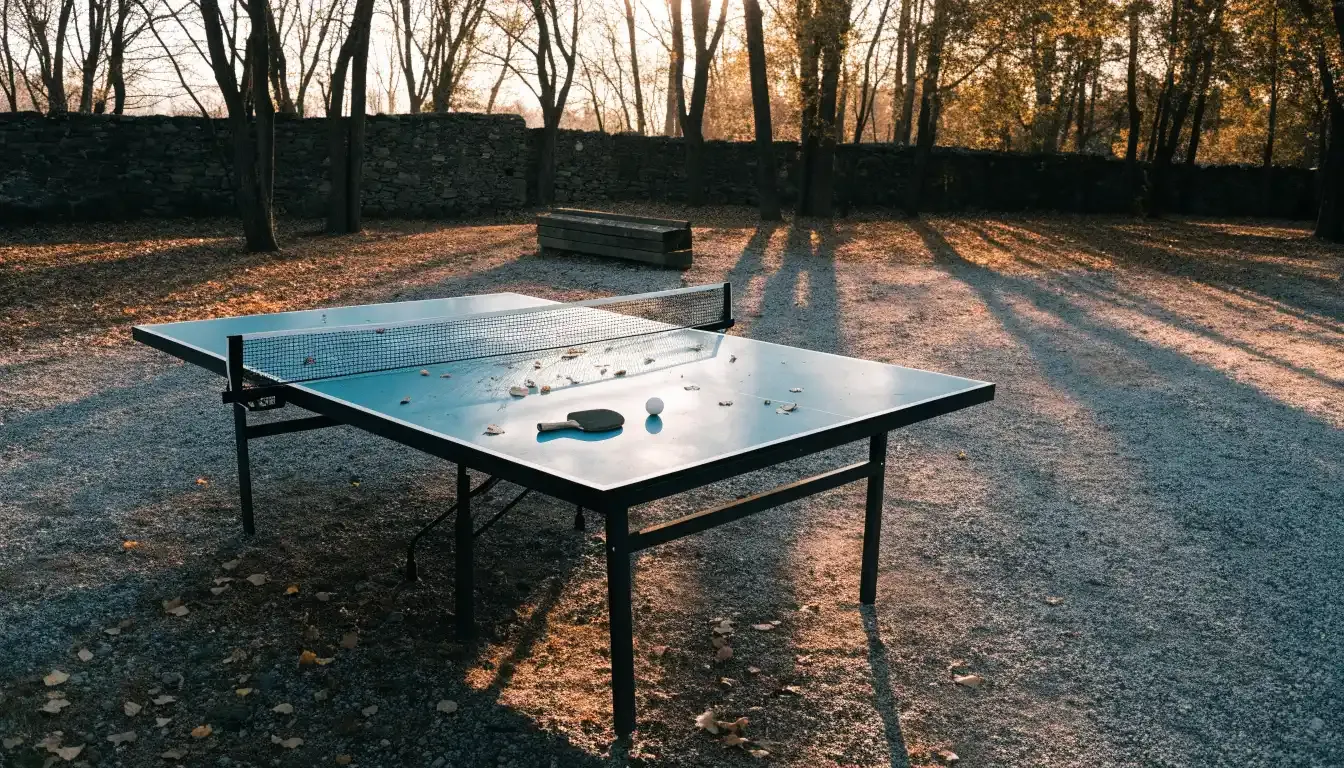 Eine Tischtennisplatte im Freien unter Bäumen, Herbstlaub liegt auf der Platte, das Licht fällt schräg durch die Äste
