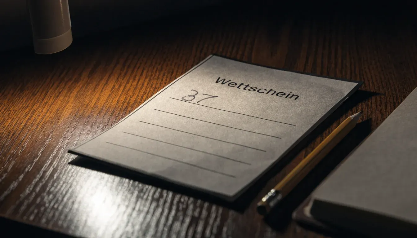 Ein leerer Wettschein aus Papier und ein Bleistift liegen auf einem Holztresen, warmes Licht einer Lampe