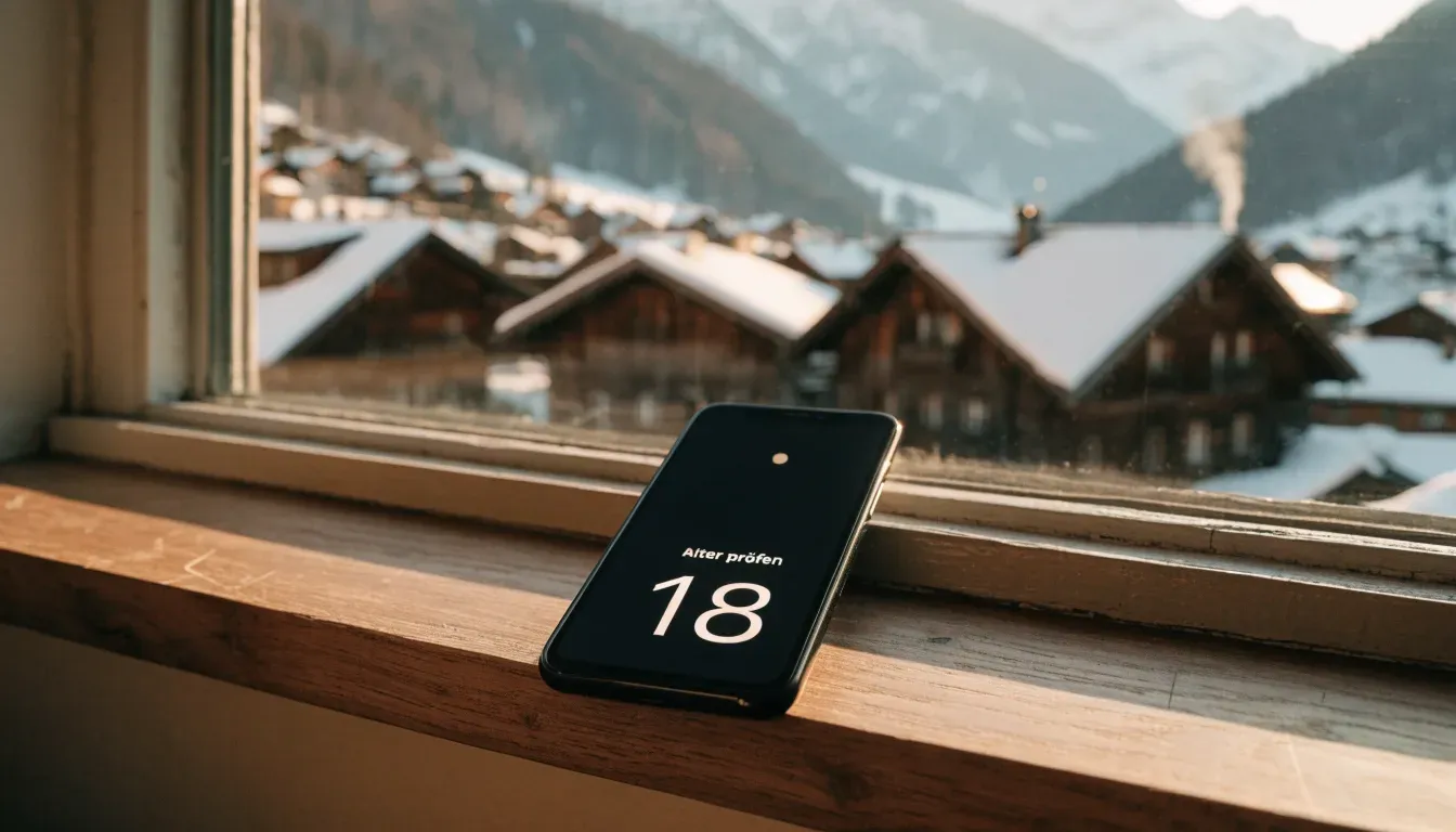 Ein Bergdorf mit Holzhäusern im Schnee, Rauch steigt aus einem Kamin, später Nachmittag mit tiefem Licht