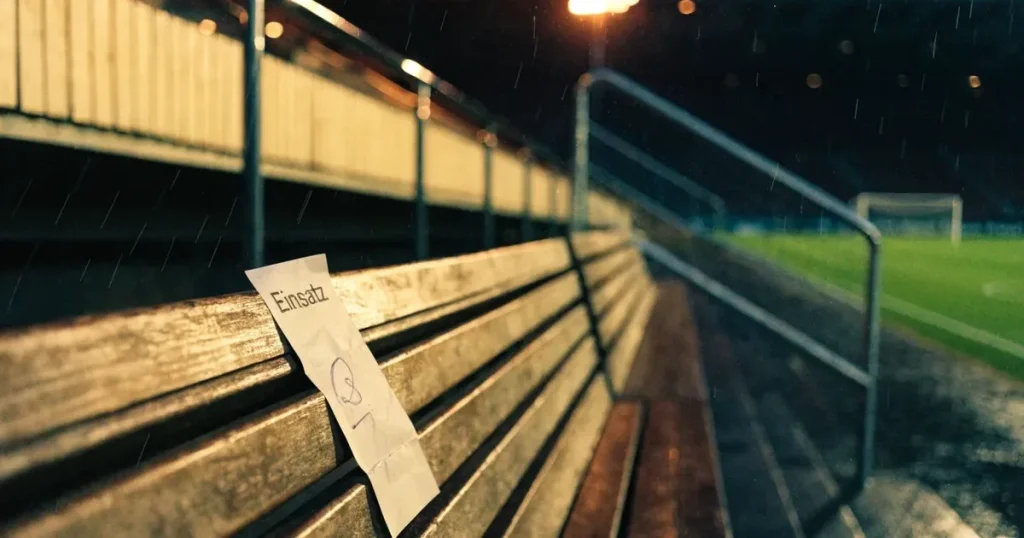 Ein offener Regenschirm lehnt an einer leeren Tribünenbank, Regen fällt auf die Stufen eines Stadions