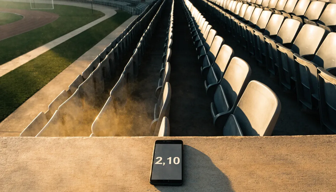Eine leere Stadiontribüne bei Sonnenaufgang aus der Ferne, lange Schatten fallen über die Sitzreihen