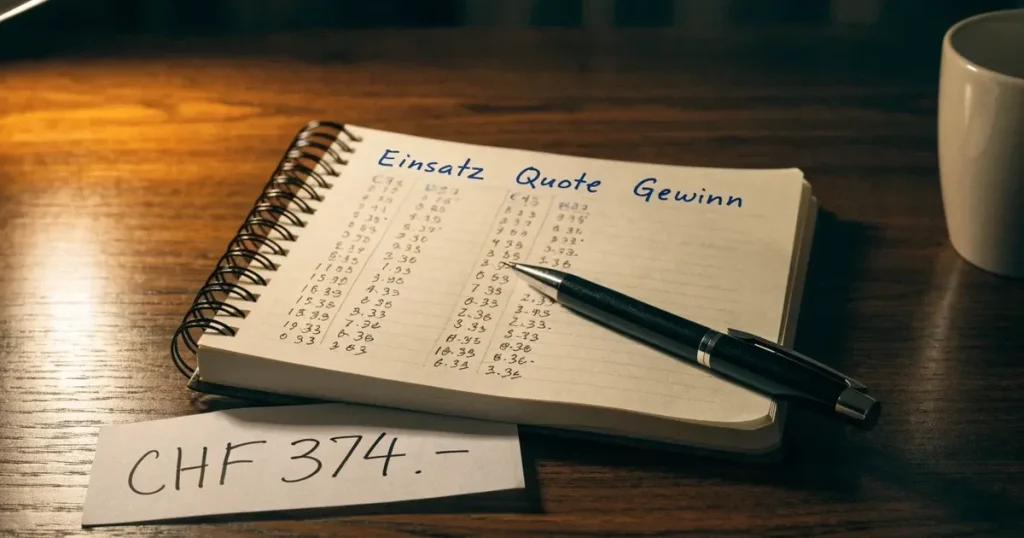 Ein Notizbuch mit handschriftlichen Spalten und ein Kugelschreiber neben einem Taschenrechner, Licht einer Schreibtischlampe