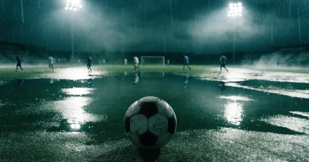Ein Fussballplatz mit Kunstrasen im Regen, Pfützen spiegeln das Licht der Flutlichtmasten