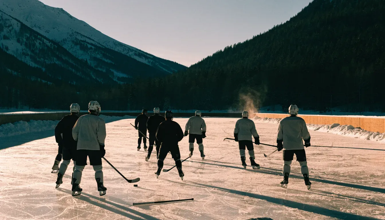 Ein Eishockeyfeld im Freien auf einem zugefrorenen See, Schneewehen an den Banden, klare Winterluft