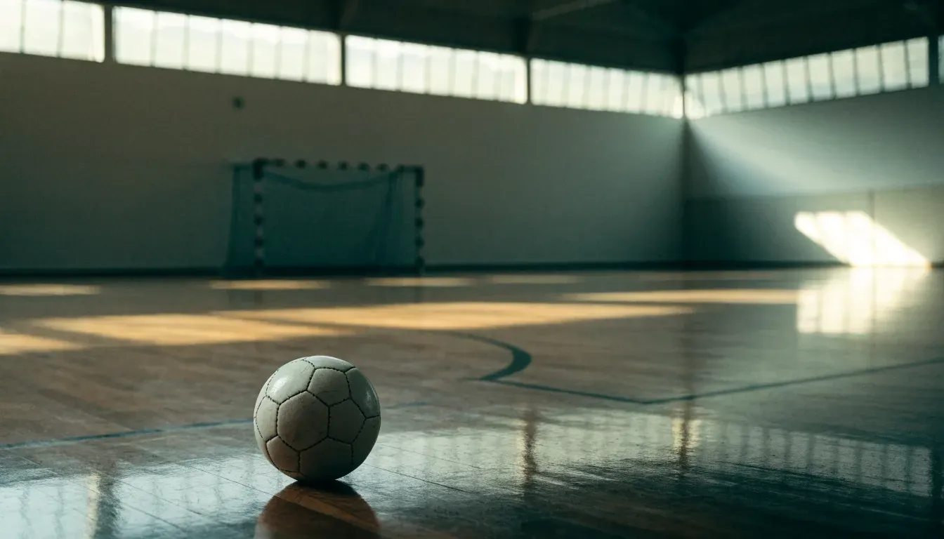 Ein Handball liegt auf dem Hallenboden einer leeren Sporthalle, Streifen von Licht aus den Oberlichtern