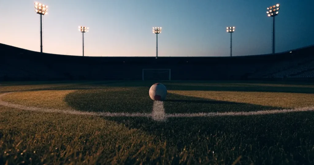 Ein Fussball liegt auf dem Anstosspunkt eines leeren Rasenplatzes in der Abenddämmerung, im Hintergrund leuchten Flutlichtmasten.