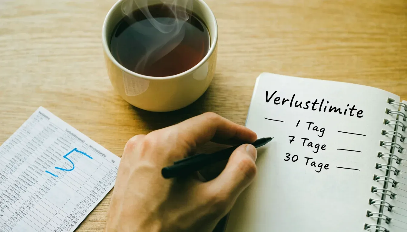 Eine Sanduhr steht neben einem Notizbuch mit handschriftlichen Notizen auf einem Holztisch, daneben dampft eine Tasse Tee.