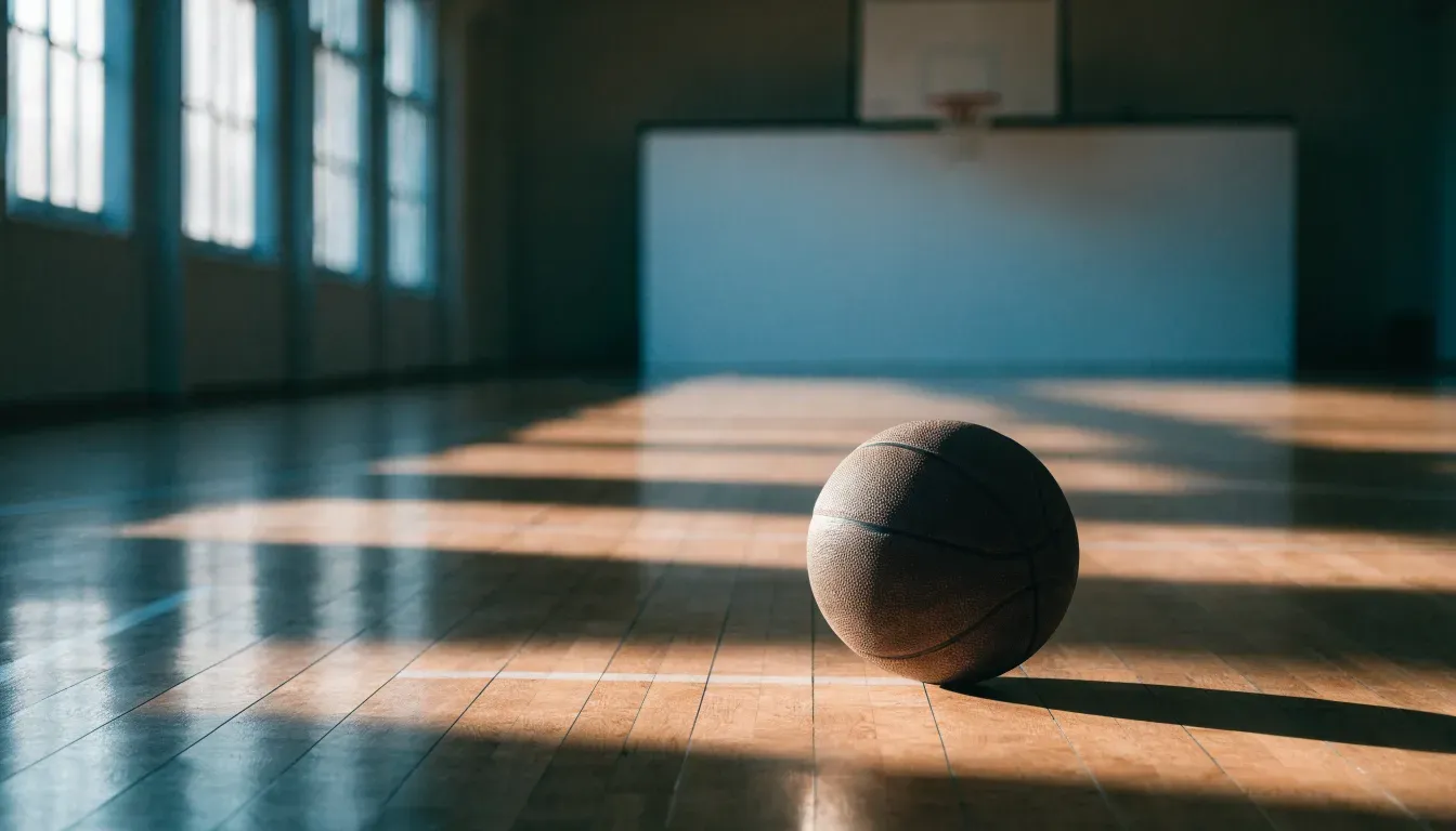 Ein Basketball ruht auf dem polierten Parkett einer leeren Halle, Nachmittagslicht fällt durch hohe Fenster.