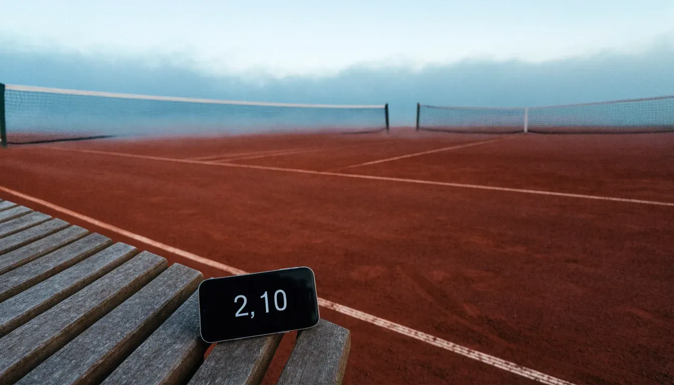 Ein gepflegter Tennisplatz im Morgengrauen, über der Grundlinie hängt leichter Nebel und die Bänke am Rand sind leer.