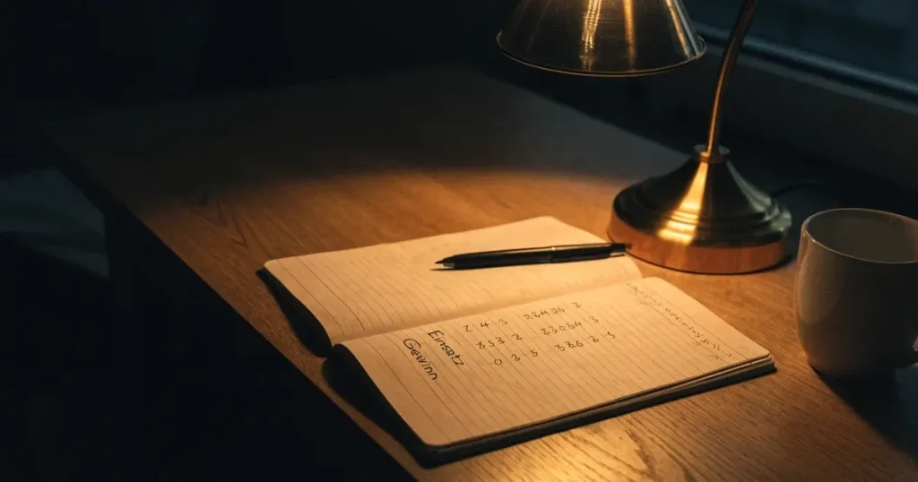 Eine Schreibtischlampe beleuchtet am späten Abend einen Block mit handschriftlichen Notizen und einen Stift.