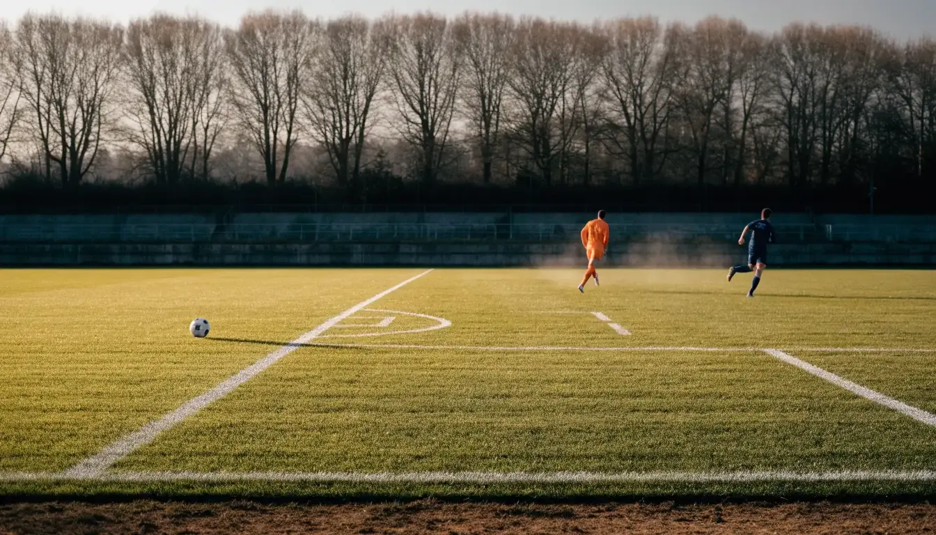 Leere Zuschauerränge eines kleinen Stadions im Herbstlicht, davor ein Rasenplatz mit frisch gezogenen Linien.