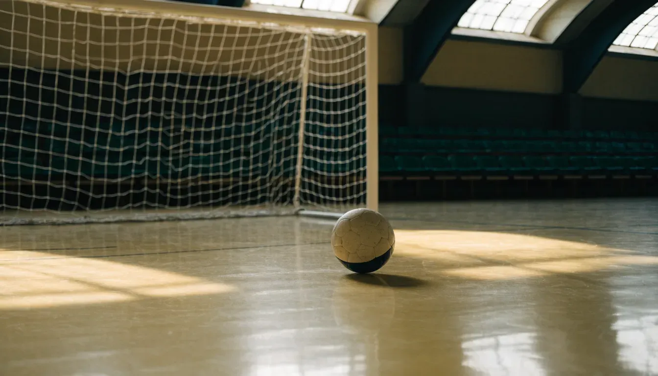 Ein Handball liegt am Rand des Torraums in einer leeren Sporthalle, Licht fällt durch Oberlichter auf den Hallenboden.