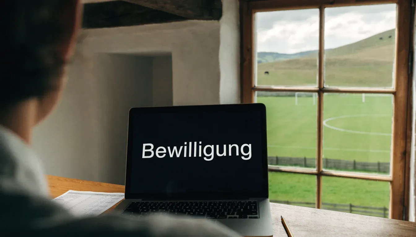 Ein Dorffussballplatz mit Holzzaun am Hang, dahinter grasen Kühe auf einer Weide unter hohen Wolken.