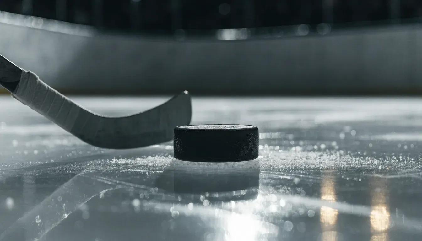 Ein Eishockeypuck und ein Schläger liegen auf einer glänzenden Eisfläche, im Hintergrund verschwimmen leere Banden.