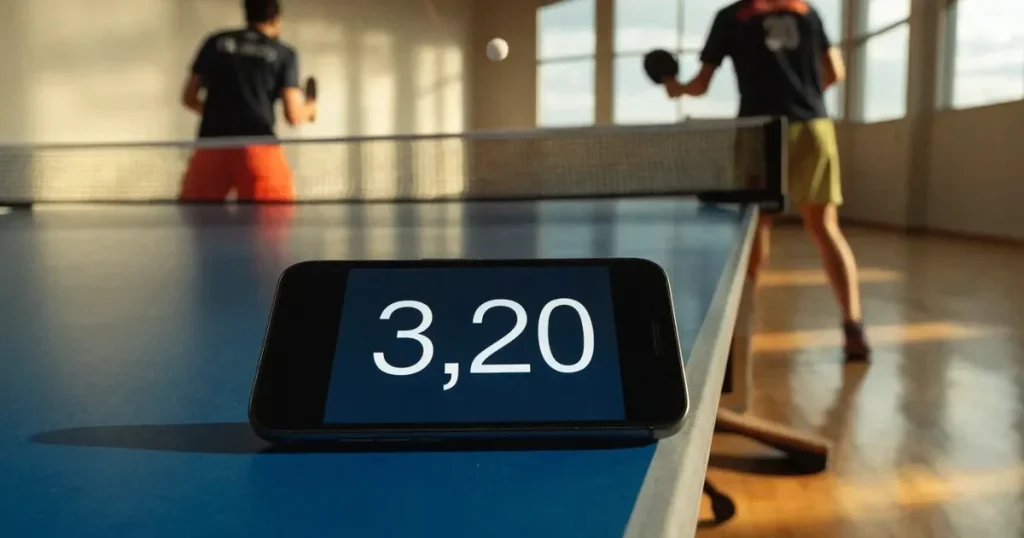 Eine Tischtennisplatte steht in einer leeren Sporthalle, ein einzelner Ball liegt am Netz und Tageslicht fällt von der Seite ein.