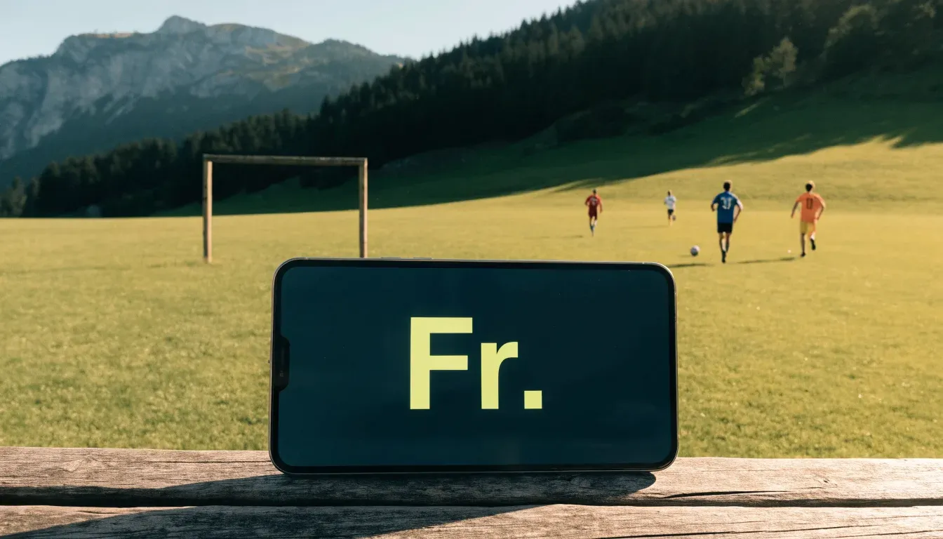 Eine Almwiese mit einem kleinen Holztor für Kinderfussball, dahinter erheben sich bewaldete Hänge im Nachmittagslicht.