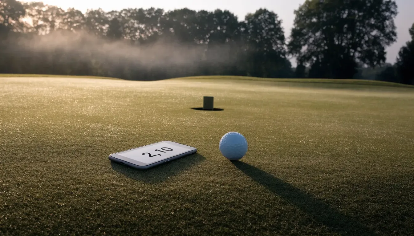 Ein Golfgrün bei Sonnenaufgang mit Tau auf dem Rasen, die Fahnenstange fehlt und im Hintergrund ziehen Nebelschwaden.