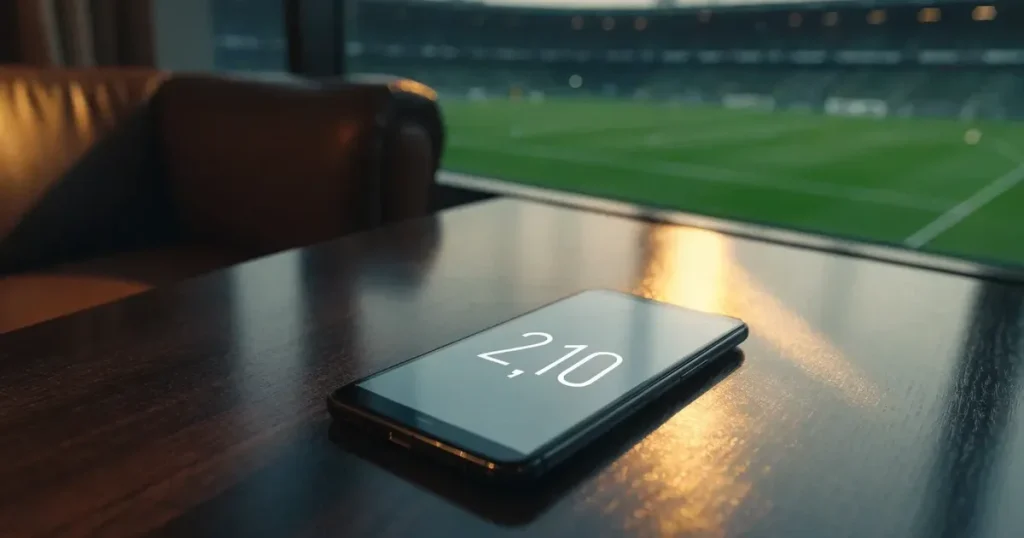 Ein leerer Ledersessel steht in einer Stadionloge mit Blick auf das Spielfeld im Abendlicht.