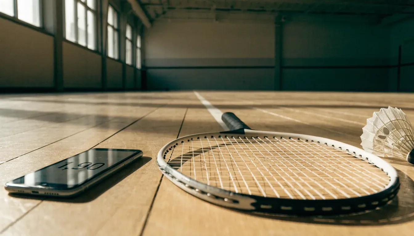 Ein Badmintonschläger liegt neben einem Federball auf dem hellen Hallenboden eines leeren Spielfelds.