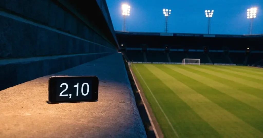 Ein menschenleerer Fussballplatz mit frisch gemähtem Rasen unter Flutlichtmasten in der Abenddämmerung, aus erhöhter Perspektive fotografiert.