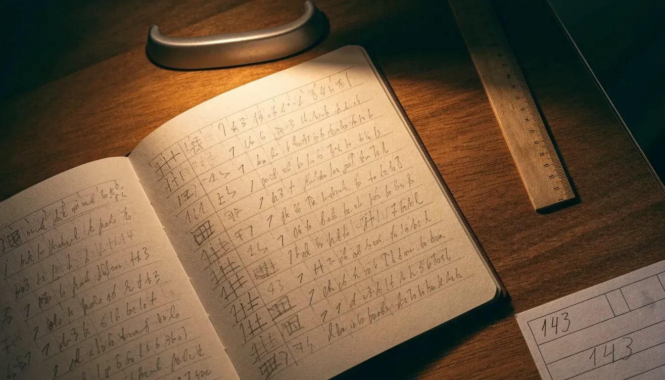 Eine Schreibtischlampe beleuchtet ein kariertes Heft mit handschriftlichen Skizzen, daneben liegt ein Lineal aus Holz.