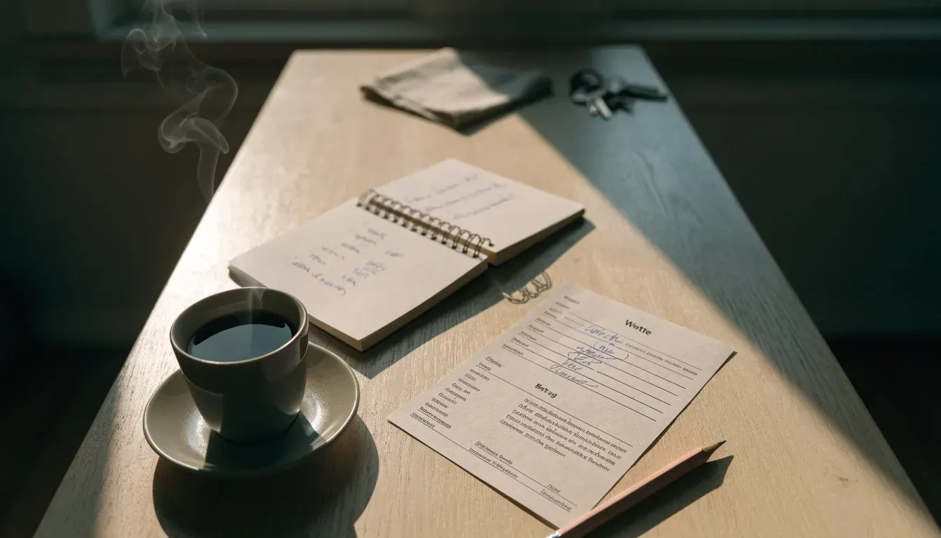 Eine Tasse Kaffee und ein Bleistift liegen auf einem sonnenbeschienenen Küchentisch neben einem leeren Notizblock.