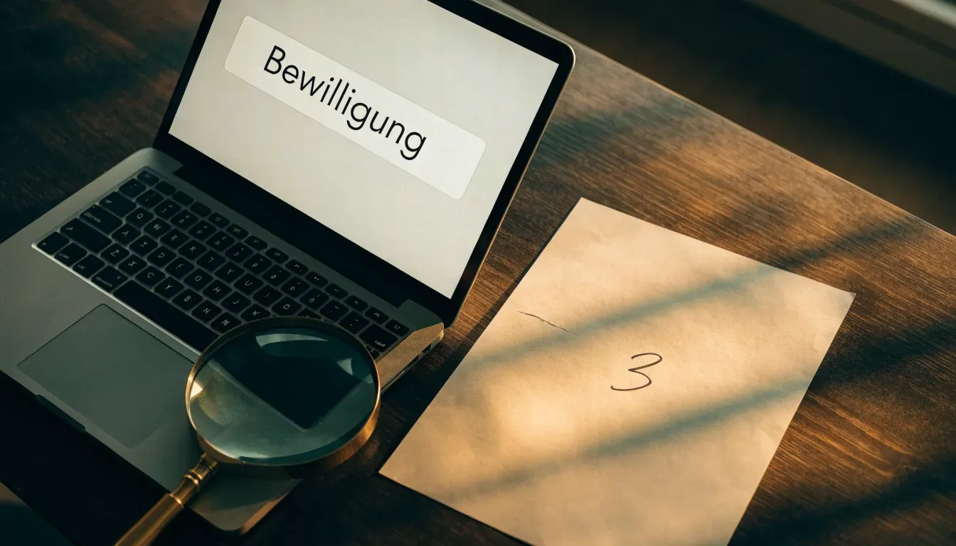 Ein Kompass liegt neben einer Lupe auf einem dunklen Holztisch, Seitenlicht betont die Maserung des Holzes.