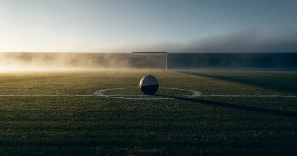 Ein Fussball liegt auf dem Anstosspunkt eines leeren Rasenplatzes im dichten Morgennebel.