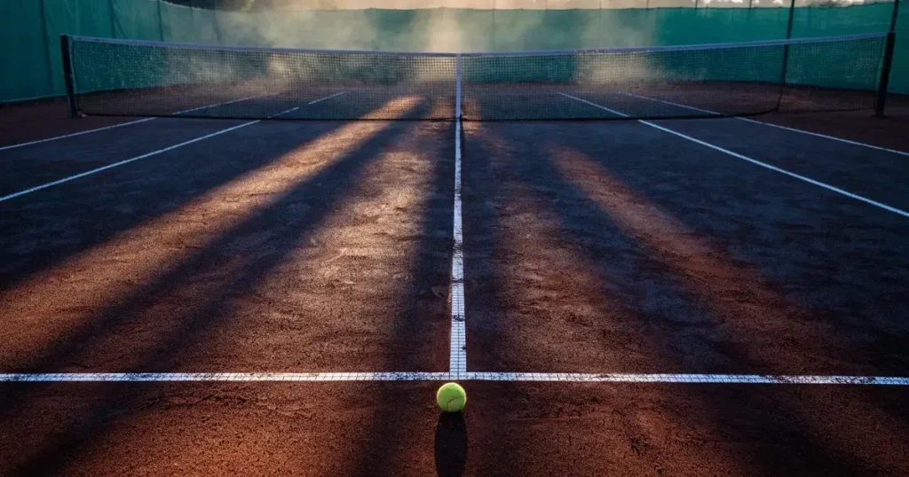 Ein Tennisplatz bei Sonnenaufgang mit gespanntem Netz und feuchtem Sandbelag, niemand steht auf dem Platz.