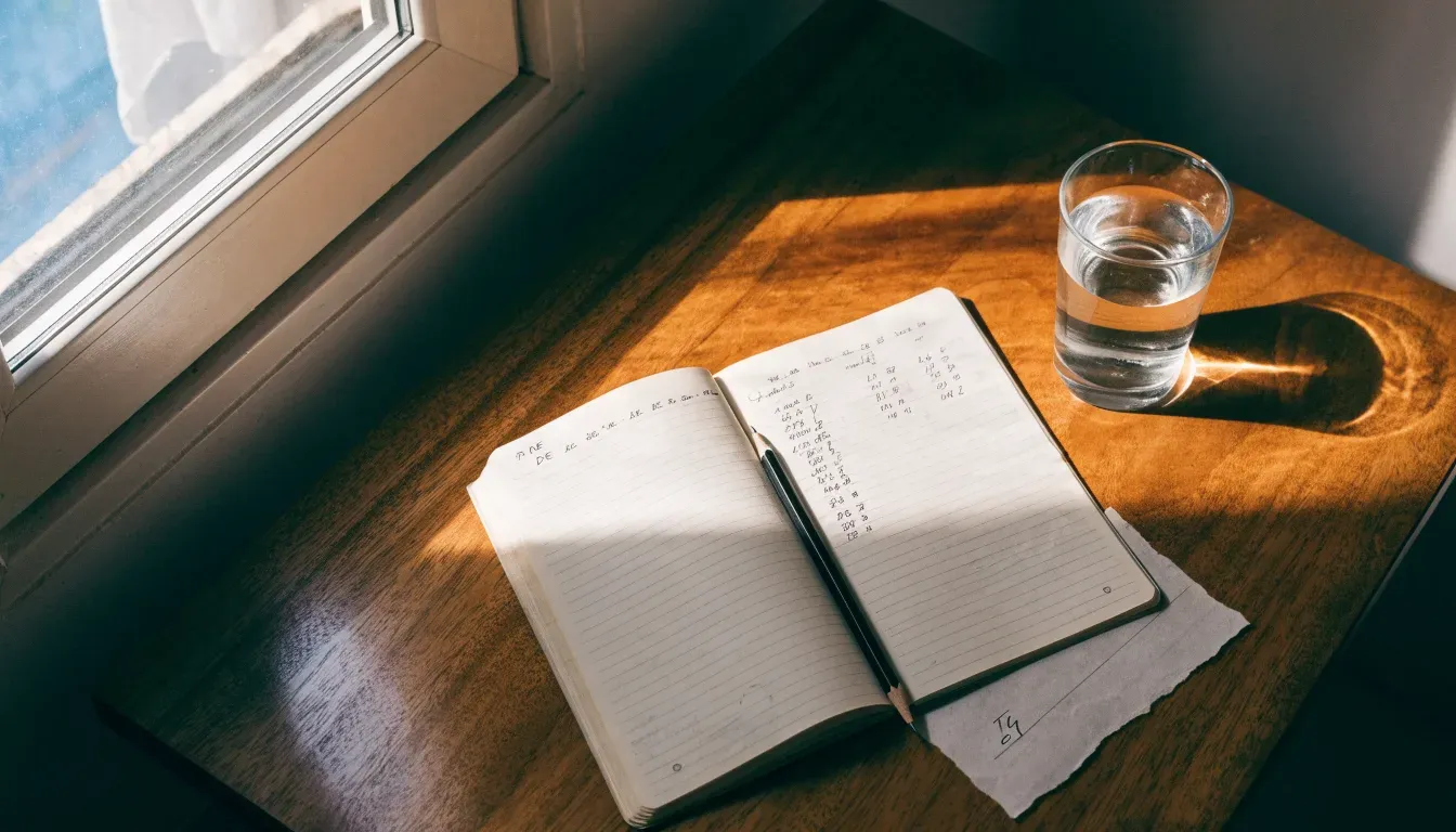 Ein aufgeschlagenes Notizbuch mit handschriftlichen Spalten und ein Bleistift liegen auf einem Holztisch neben einem Fenster.