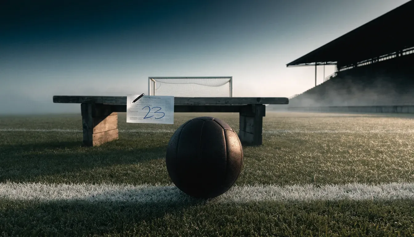 Ein Tennisplatz aus Sand liegt im Morgengrauen still da, Nebel hängt über der Grundlinie und dem aufgespannten Netz.