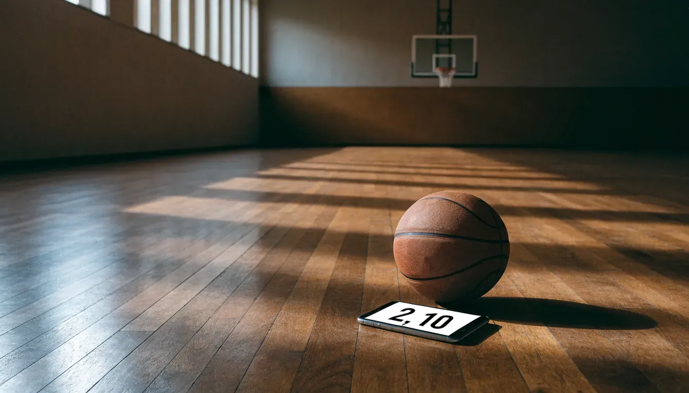 Ein Basketball ruht auf dem Parkett einer leeren Sporthalle, durch hohe Fenster fällt Tageslicht.