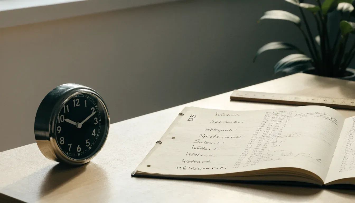 Eine Wanduhr hängt in einem ruhigen Büro, davor ein aufgeräumter Tisch mit einer Pflanze.