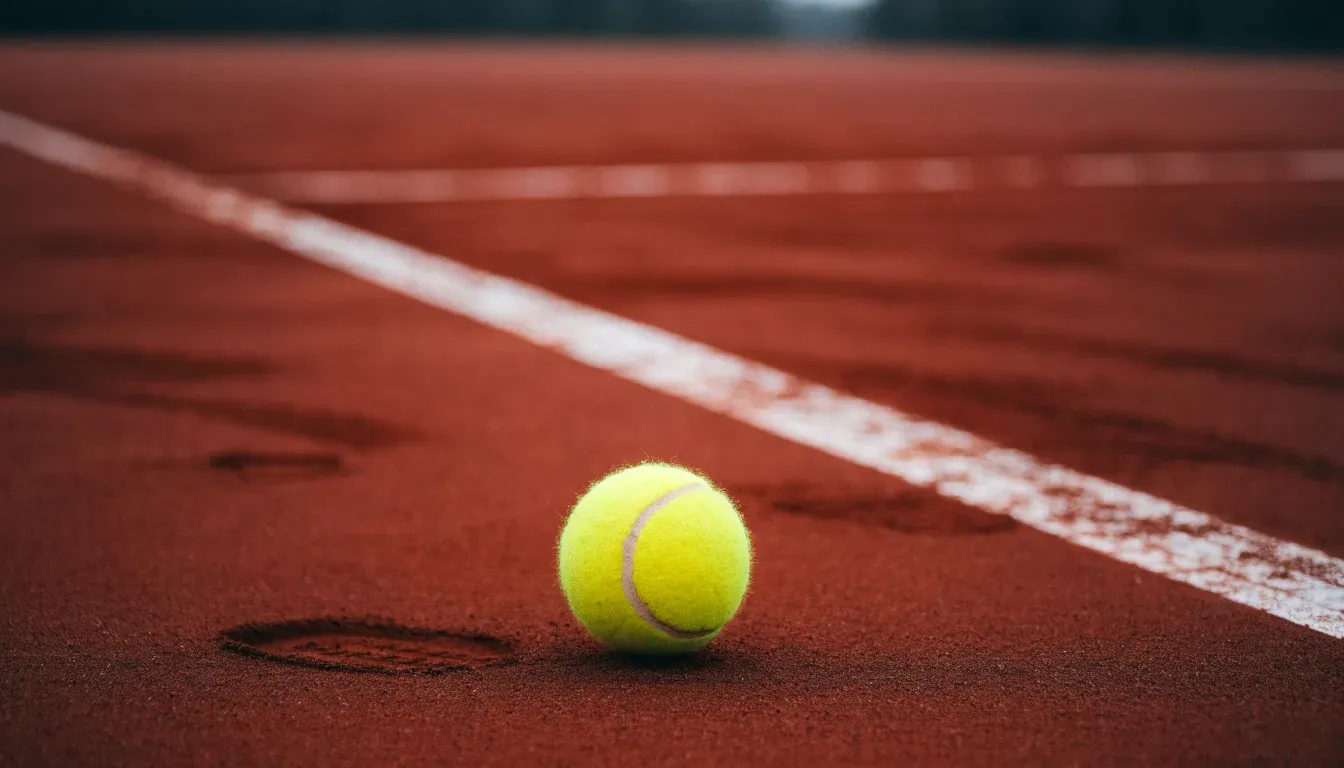 Ein Tennisball liegt auf rotem Sand neben einer verblassten Linie, das Licht ist weich.