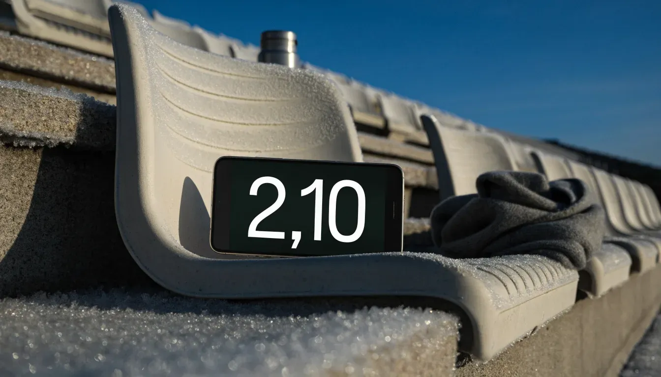 Ein grauer Wollschal und eine Thermoskanne liegen auf einem Sitz im winterlichen Stadion, Raureif liegt auf den Stufen.