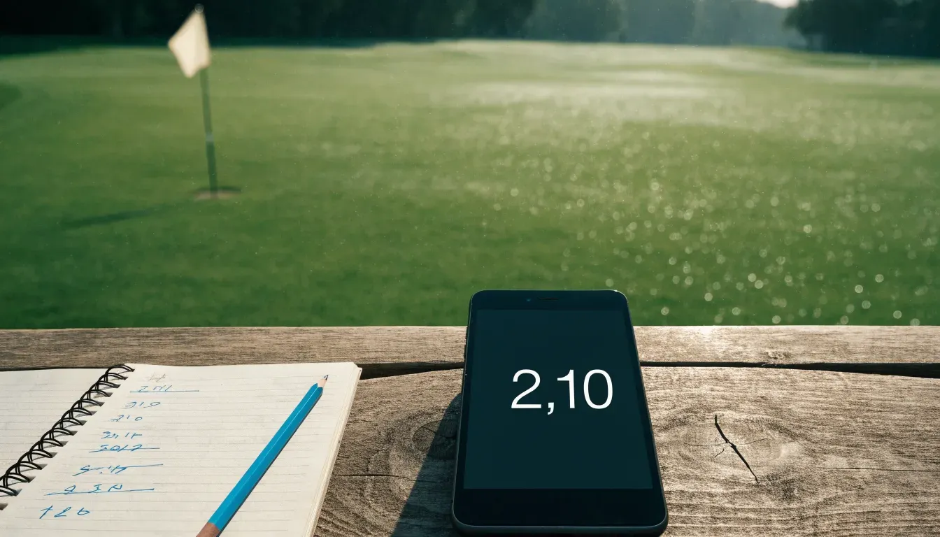 Ein Golfgrün liegt am frühen Morgen im Tau, ein Ball liegt nahe dem Loch.